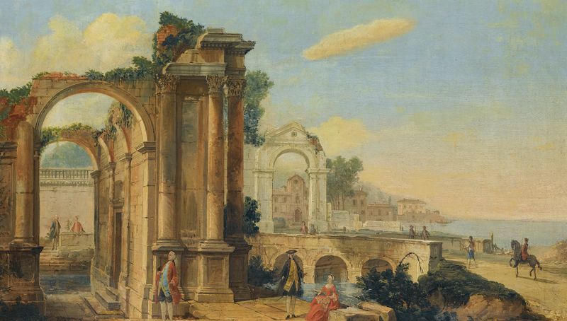 Paisaje costero con figuras bajo ruinas, óleo sobre lienzo de The Pseudo Battaglioli