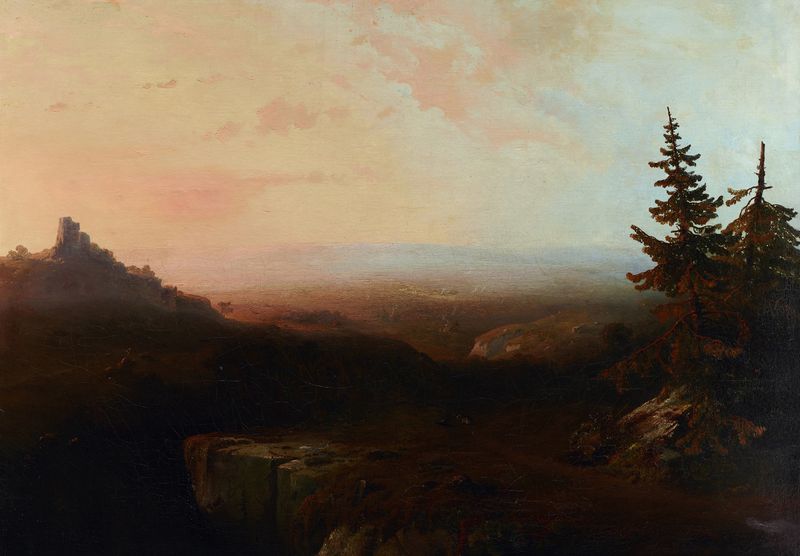 Mountain Scene de Thomas Moran, óleo que retrata montanhas e vales sob luz suave.
