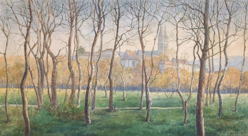 Un pequeño bosque de abedules con vista, óleo sobre lienzo de Eduard Ferdinand Hofecker