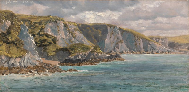 Pwll Cwn de John Brett, óleo sobre tela, retratando um lago tranquilo refletindo montanhas.