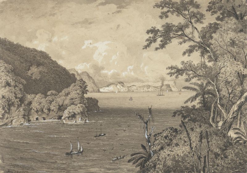The Bocas from the Old Fort, Maquerite de Michel Jean Cazabon, óleo sobre lienzo que representa un paisaje sereno.