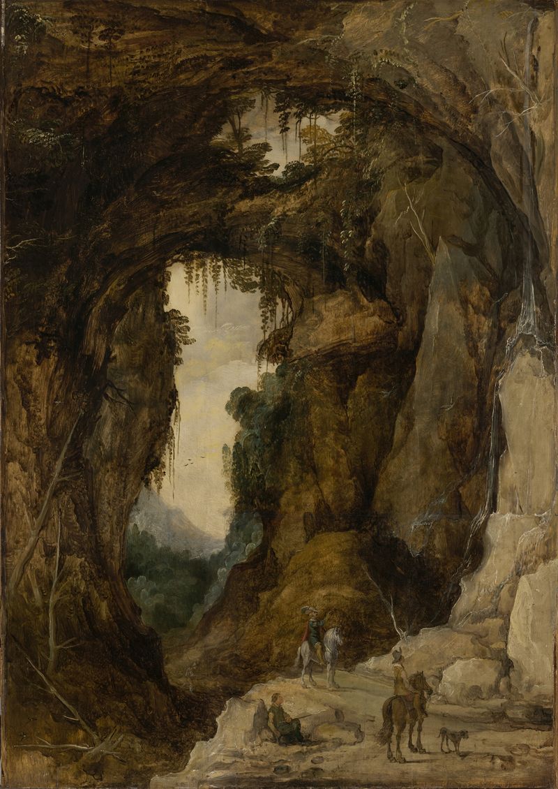 Landscape with Grotto and a Rider, pintura al óleo de Joos de Momper
