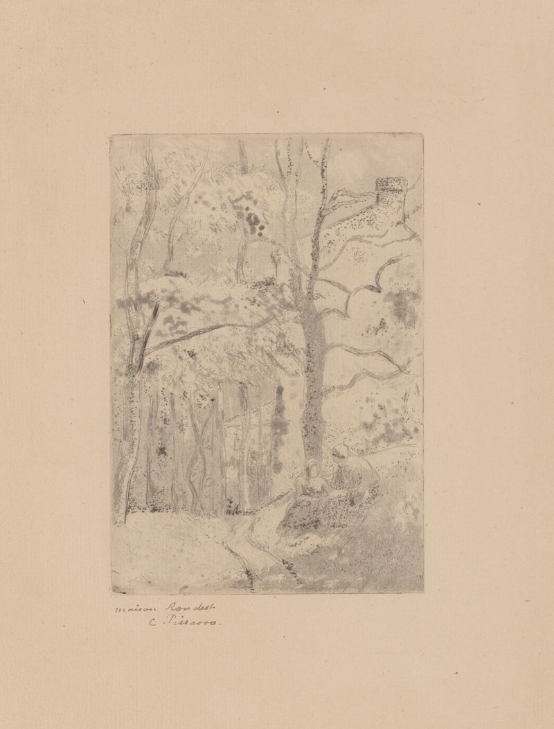 Paisaje con una casa rústica rodeada de naturaleza, óleo de Camille Pissarro