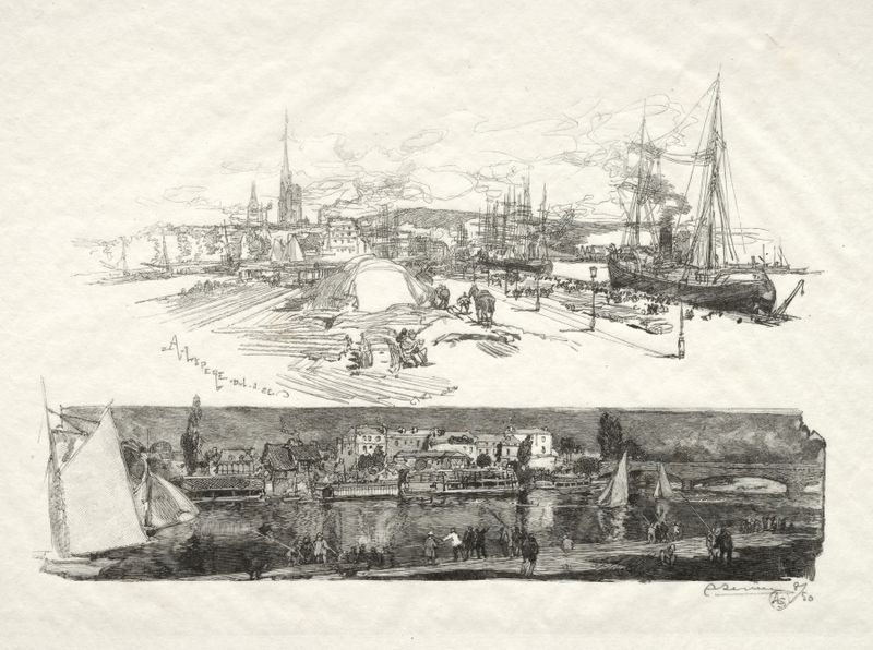 Gravura de Auguste Louis Lepère retratando uma paisagem fluvial serena.