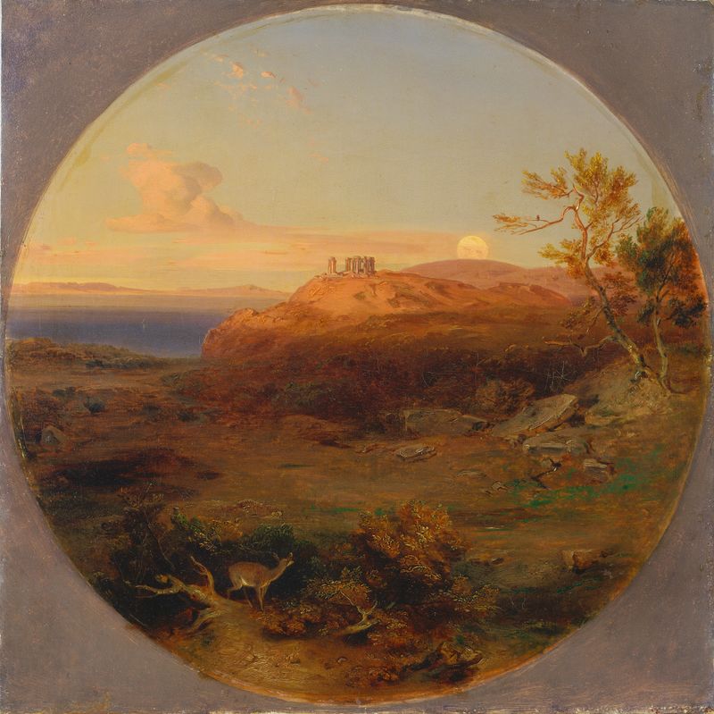 Greek landscape oil painting by Carl Rottmann featuring hills and sunset.