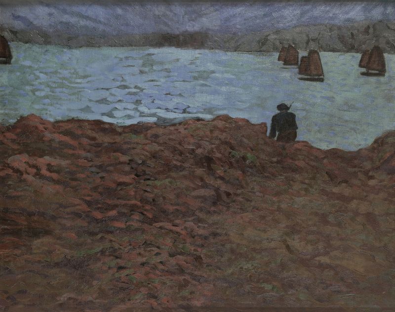 Marine scene with fishermen and a boat by Émile Jourdan, oil painting