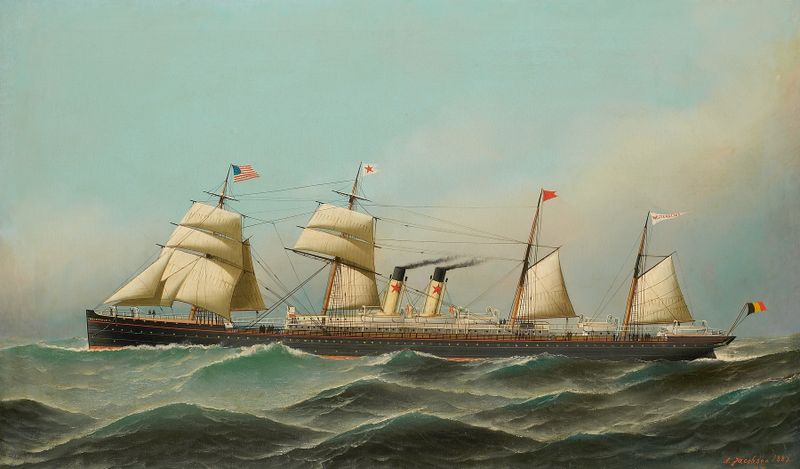 Oil painting of a steamship in the ocean by Antonio Jacobsen