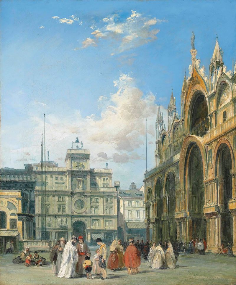 Figures beside the Basilica of San Marco and Torre Dell’orlogio, oil on canvas by Edward Pritchett