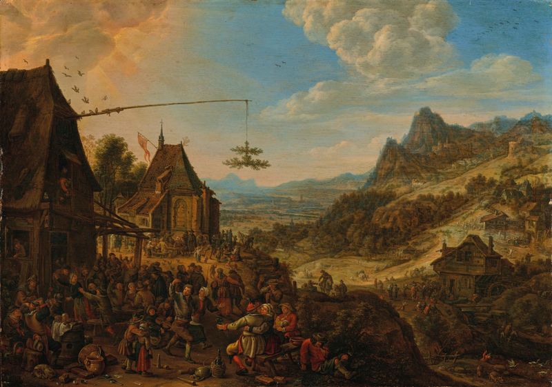 Genre scene depicting a village festival in a Rhenish landscape by Herman Saftleven, oil painting