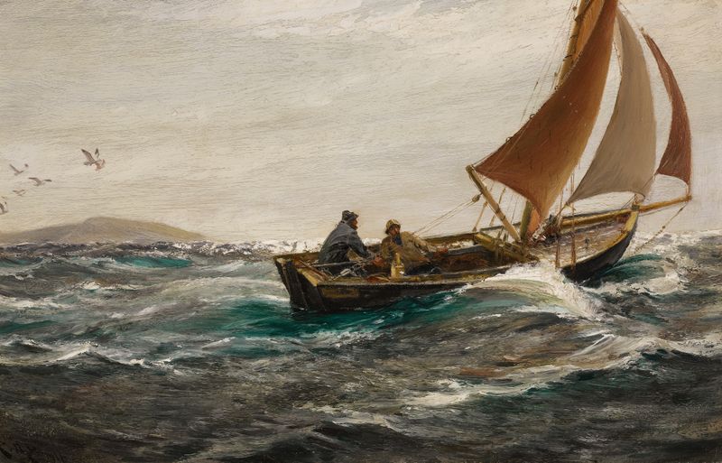 Marine scene with boats and sunset, oil painting by Charles Napier Hemy