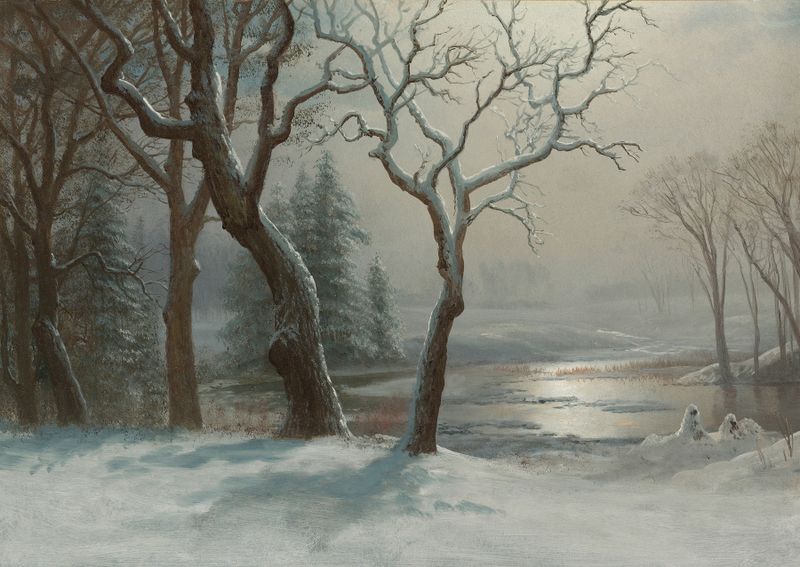Winter In Yosemite, óleo sobre lienzo de Albert Bierstadt, que muestra montañas cubiertas de nieve y un río tranquilo.