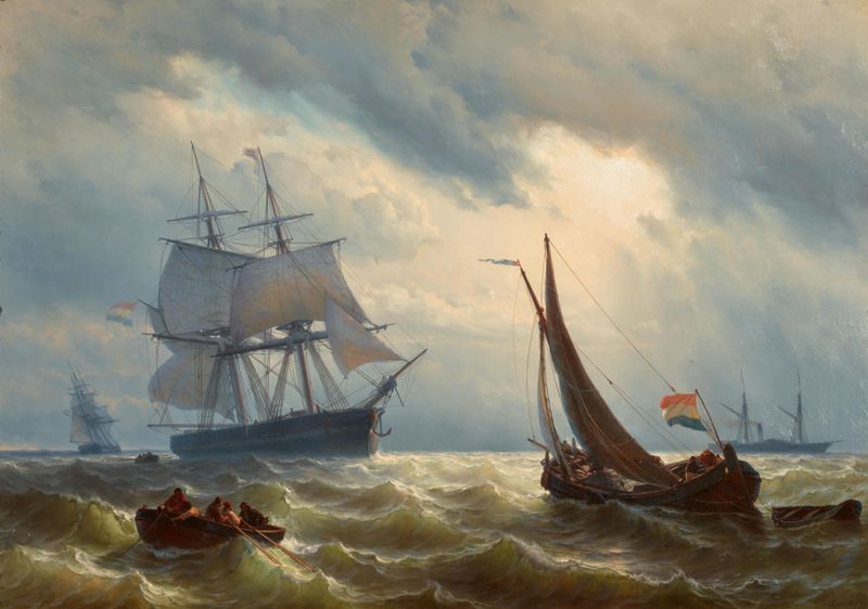 Escena marina con barcos en un mar tempestuoso de Johan Hendrik Louis Meyer, óleo