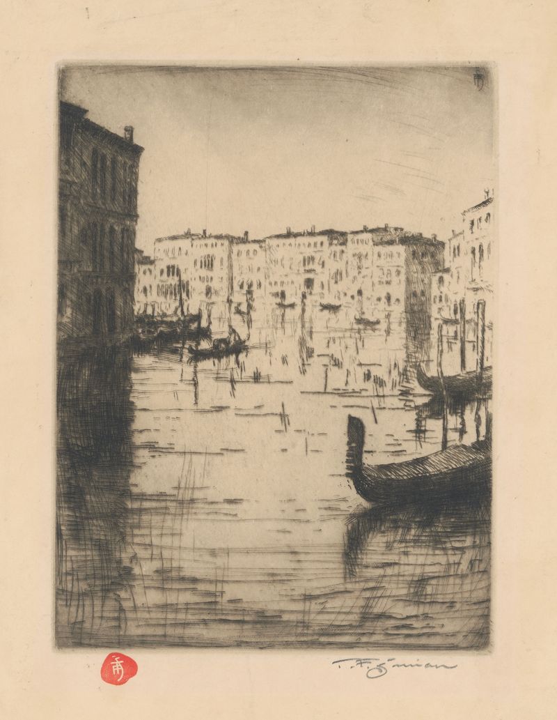 Watercolour by Tavík František Šimon depicting a canal in Venice with morning reflections.