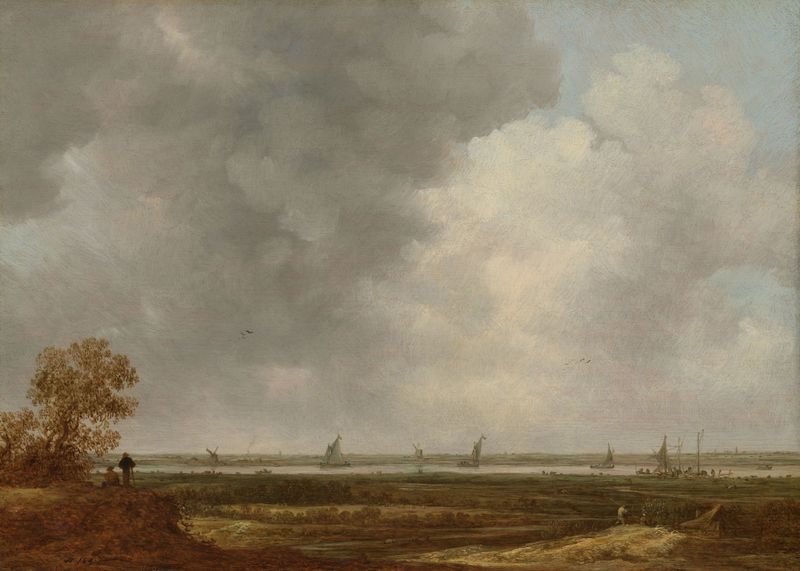 Panoramic view of a river with low-lying meadows, oil painting by Jan van Goyen
