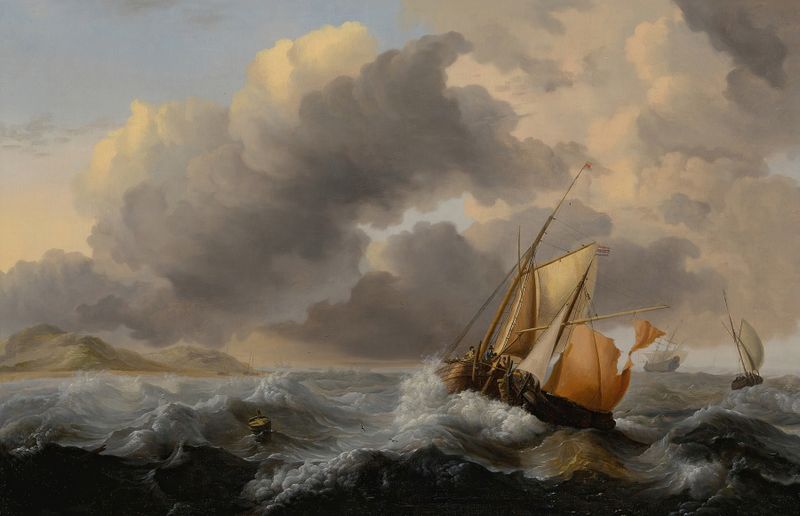 Stormy sea with ships, oil on canvas by Jan Claesz. Rietschoof