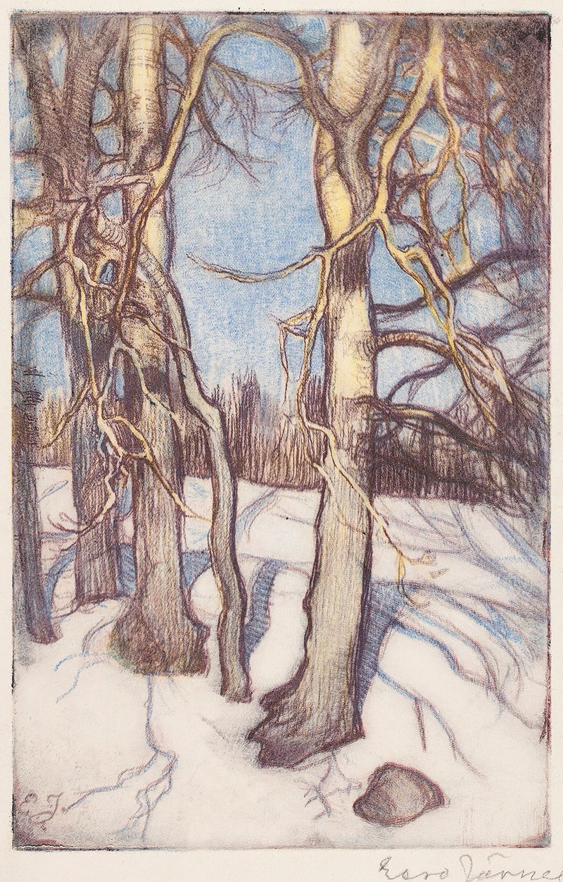 Árvores no Inverno de Eero Järnefelt, óleo sobre tela, silhuetas de árvores contra um céu invernal pálido.