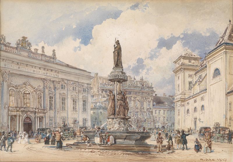 Freyung mit Austriabrunnen, watercolor on paper by Rudolf von Alt, featuring a crowd around a fountain.