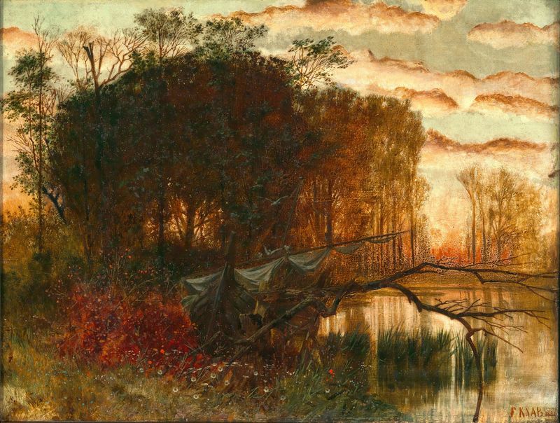A sailboat at dusk on the shore, oil painting by Ferdinand Knab
