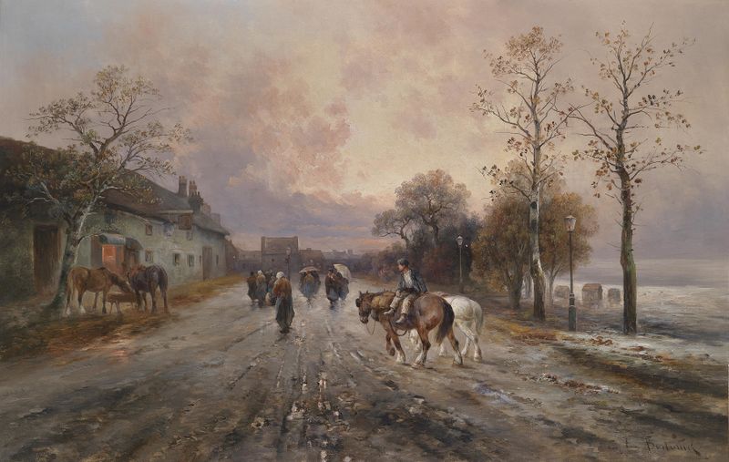 Twilight landscape with a village and horizon, oil painting by Emil Barbarini