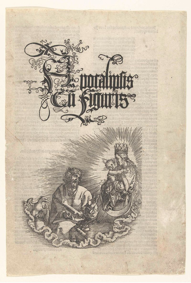 Gravura de Albrecht Dürer mostrando Maria com o Menino Cristo e o Evangelista.