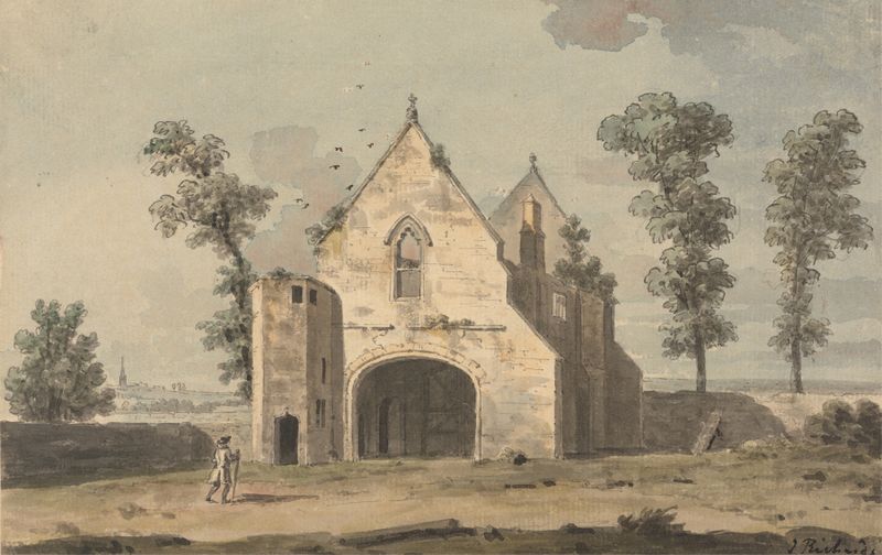 Maxstoke Priory, Warwickshire by John Inigo Richards, oil painting depicting stone architecture and serene landscape.
