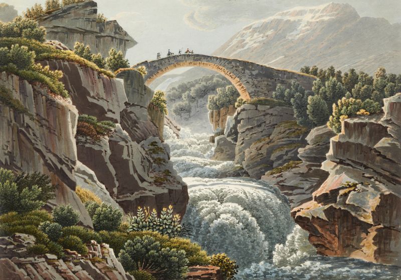 Oil painting by Gabriel Lory the Younger depicting a river and mountains