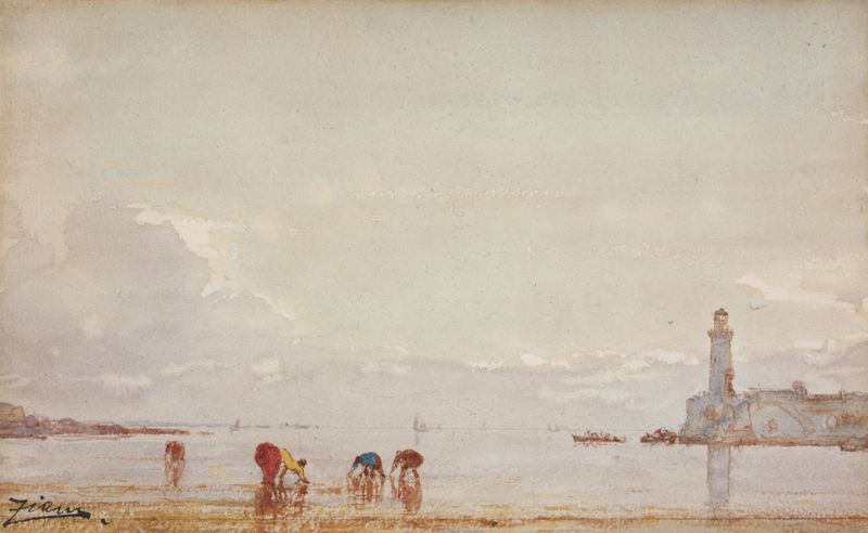 Cena marinha representando pescadores em Antibes, pintura a óleo de Félix Ziem