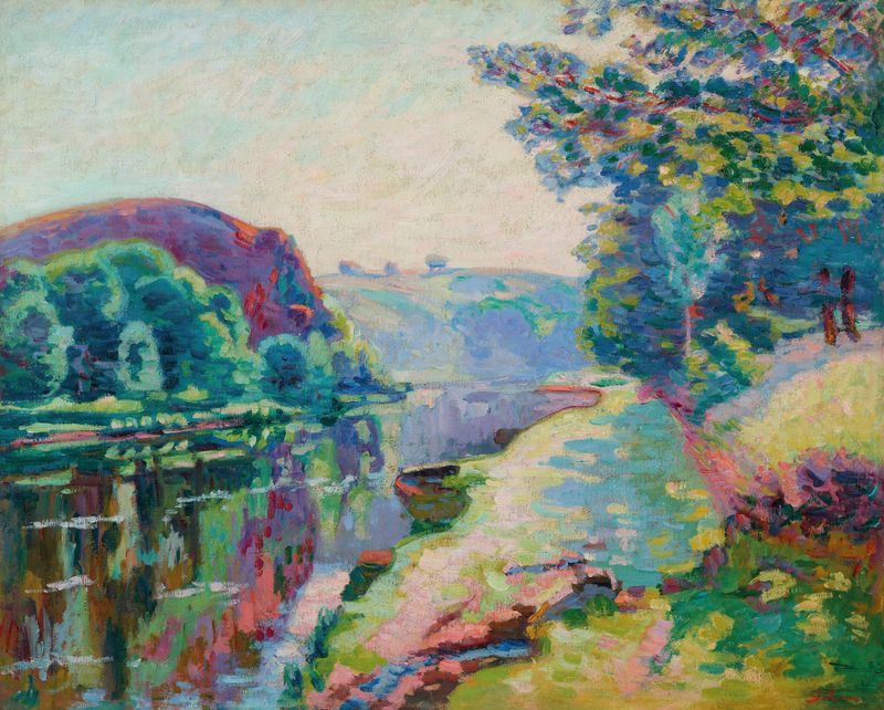 Pintura de paisagem a óleo de Armand Guillaumin com penhascos e um rio