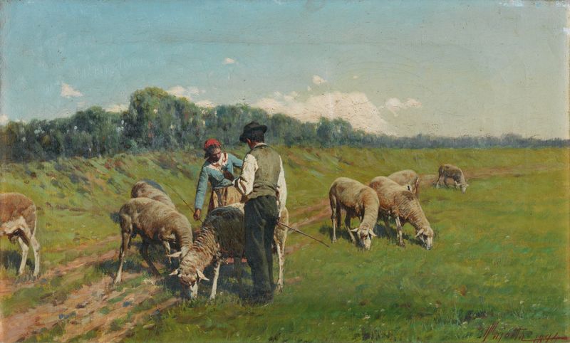 Pintura a óleo de Pietro Pajetta mostrando um pastor segurando um cordeiro em um ambiente natural.