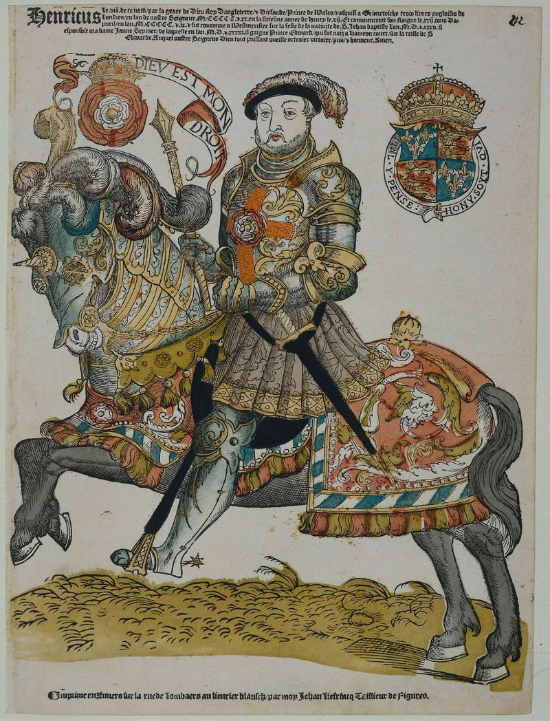 Portret van Hendrik VIII van Engeland by Hans Liefrinck, oil painting featuring rich brocade and golden hues.