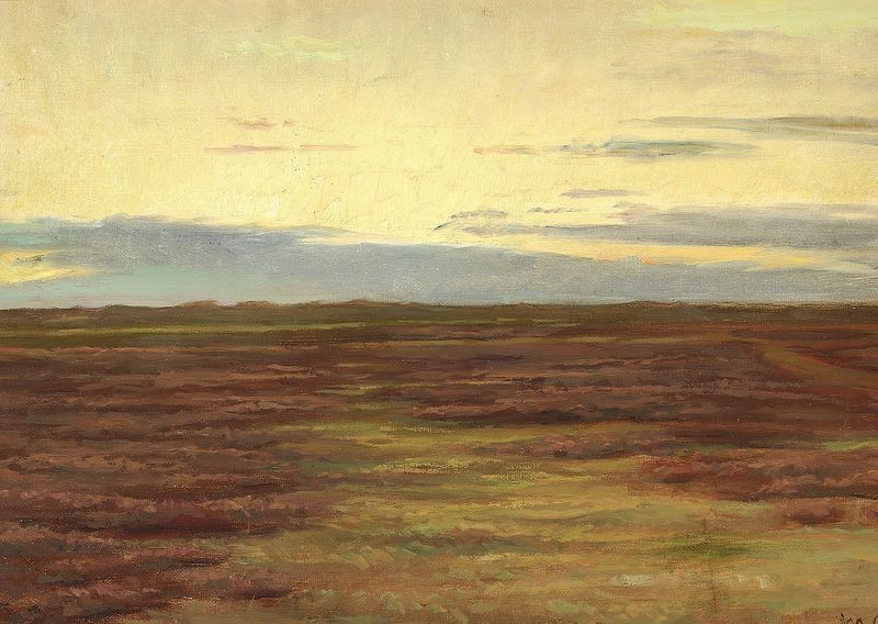 Marine scene by Michael Ancher, oil painting depicting a sunset over the sea.