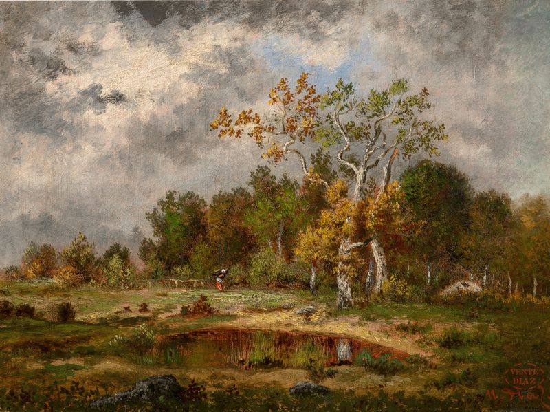 Paisagem com um cervo em uma floresta, óleo sobre tela de Narcisse-Virgile Diaz de La Peña