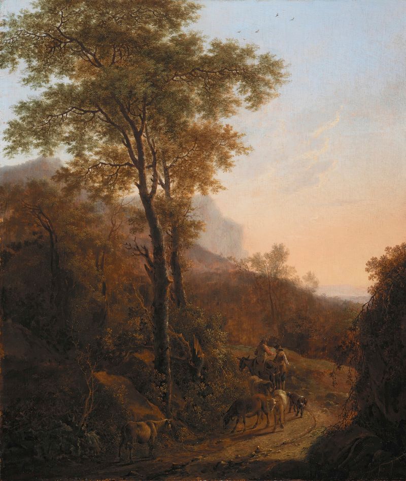 Italian Landscape by Willem de Heusch, oil painting depicting hills and trees under a colorful sky.