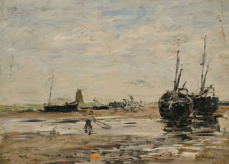Rivage De Berk, Marée Basse de Eugène Boudin, óleo sobre tela representando uma costa serena na maré baixa.