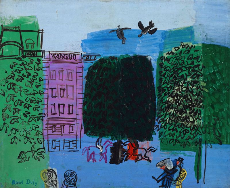 L’avenue du bois de Raoul Dufy, óleo sobre lienzo que representa un paisaje colorido con árboles y un camino.