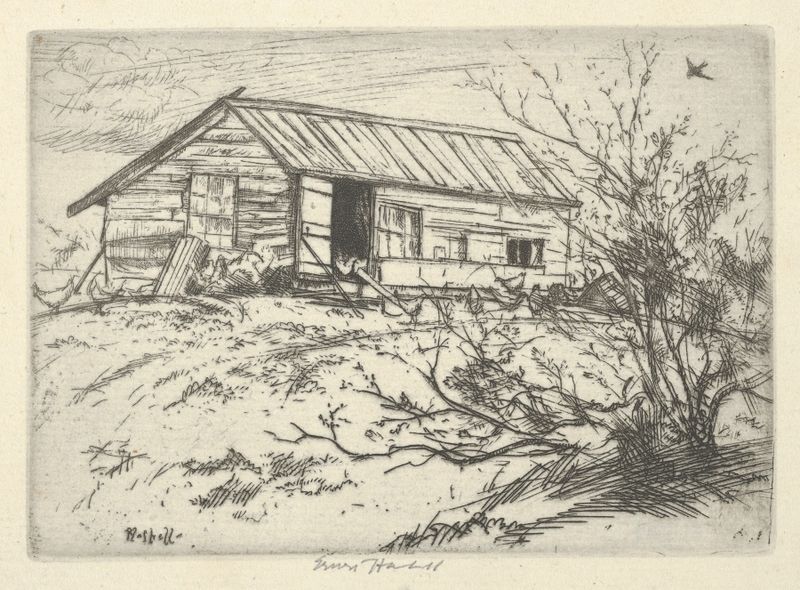 Hilltop Chickens de Ernest Haskell, acuarela sobre papel que muestra gallinas en colinas onduladas.