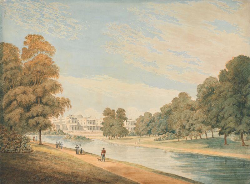 Paisaje de Buckingham Palace desde St. James’s Park, óleo de James Wilcox