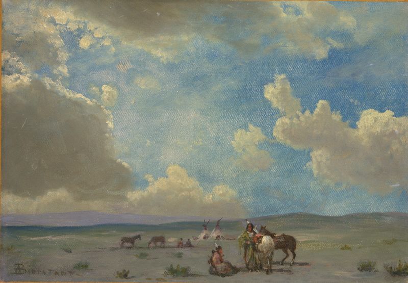 Indian Encampment de Albert Bierstadt, óleo que muestra tiendas y fogatas al atardecer