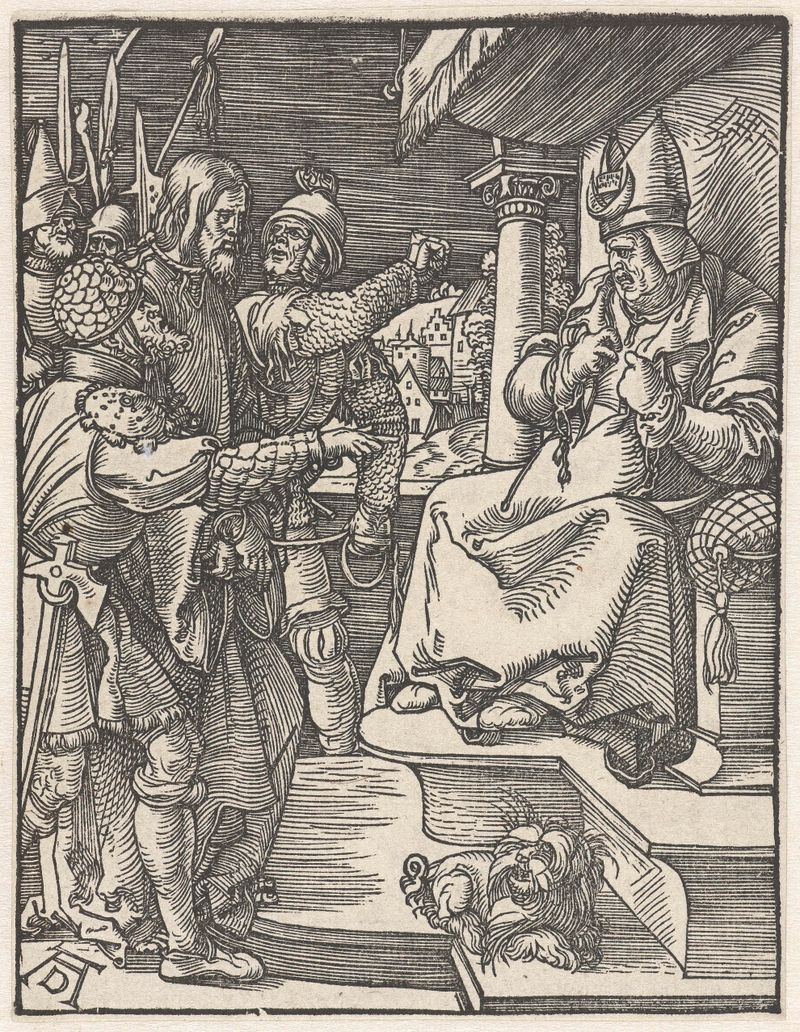 Christus voor Kajafas, gravura de Albrecht Dürer representando Cristo diante de Caifás