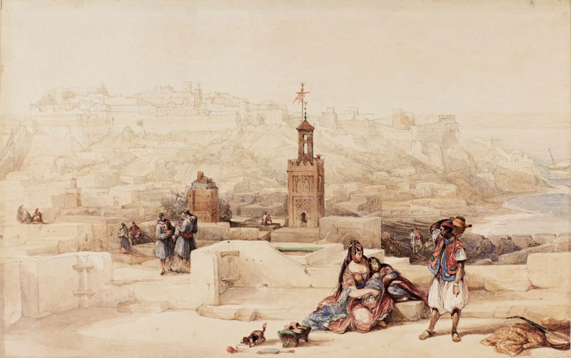 A Cidadela de Tânger, Marrocos de David Roberts, óleo sobre tela que retrata uma cidadela sob a luz do sol.