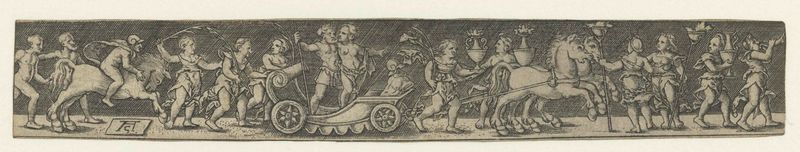 Grabado de Monogrammist AC que representa una vibrante procesión con una figura central.