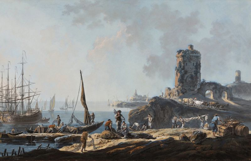 Rococo oil painting by Jean-Baptiste Pillement depicting boats on calm water