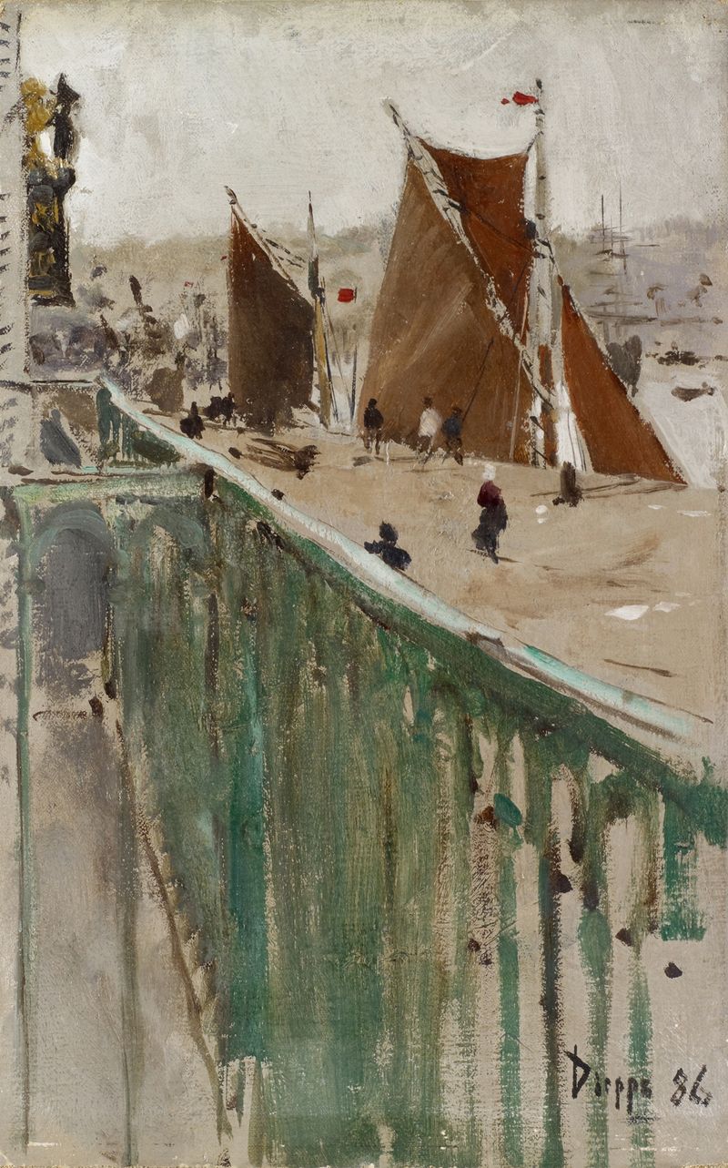 Escena marina con barcos y figuras en el puerto, pintura al óleo de artista desconocido