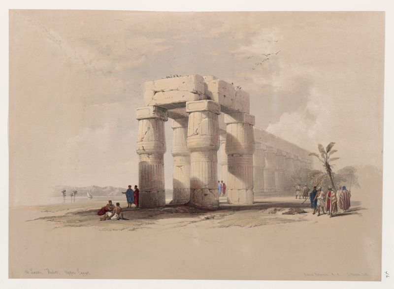 Pintura al óleo de David Roberts que muestra columnas antiguas y ruinas iluminadas por luz dorada