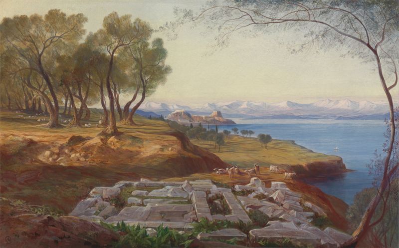 Acuarela de Edward Lear que representa un paisaje con mar y cielo.