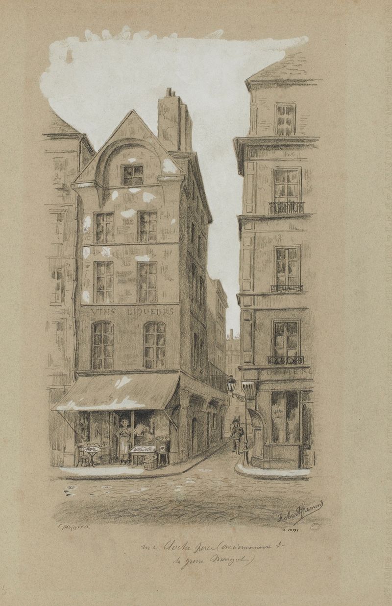 Pintura a óleo de paisagem de Rue Cloche-Perce por Robert Frémont com telhados e um céu azul.