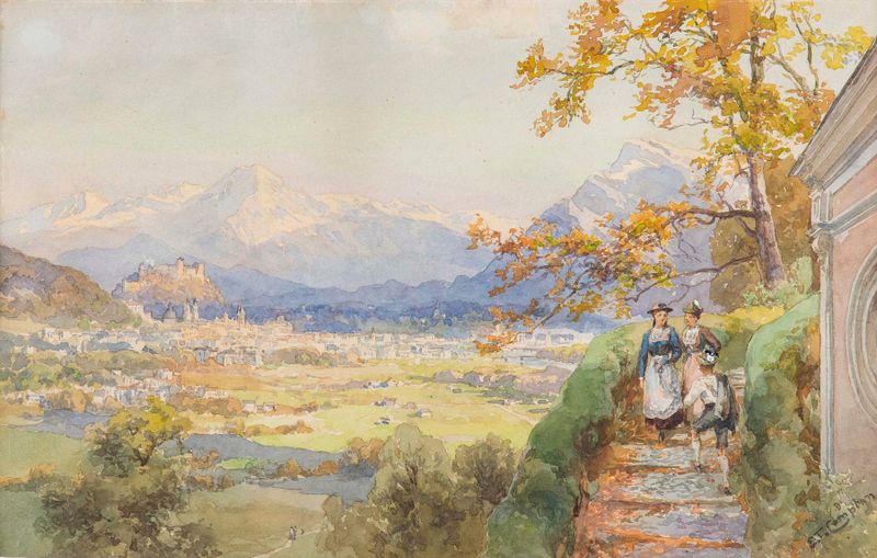 Paisagem de Salzburg von Maria Plain de Edward Theodore Compton, pintura a óleo
