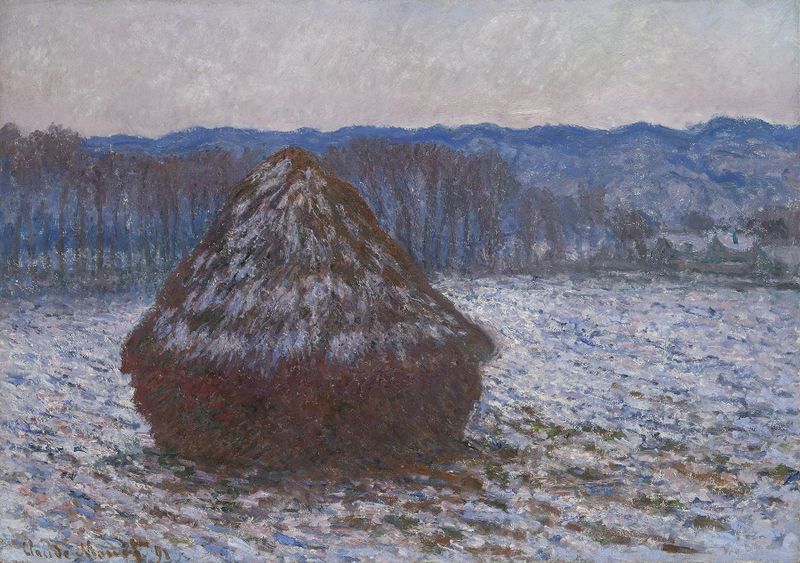 Stack of Wheat de Claude Monet, pintura al óleo que representa trigo dorado bajo un cielo nublado.