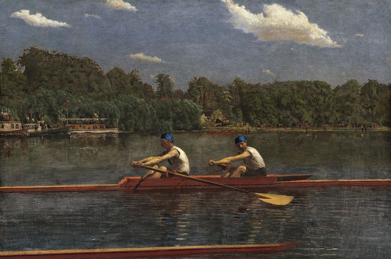The Biglin Brothers Racing, oil painting by Thomas Eakins showing two brothers rowing through turbulent waters.