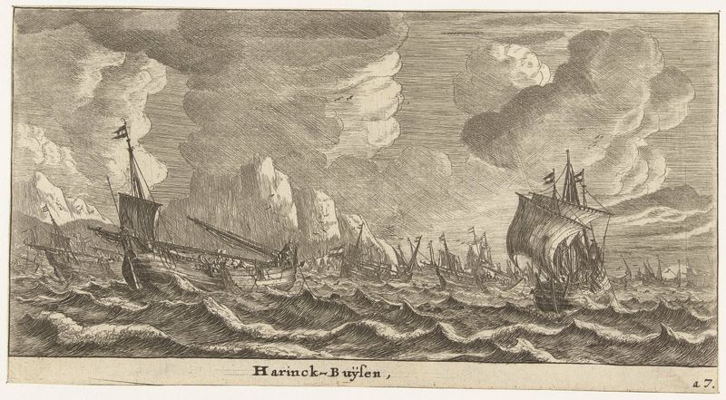 Haringbuizen op zee grabado de Reinier Nooms que representa barcos navegando en mar turbulento